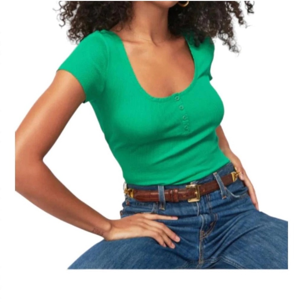 Nation LTD Womens Quinn Wrap Kelly Green Henley Ribbed Tee Small Criss Cross